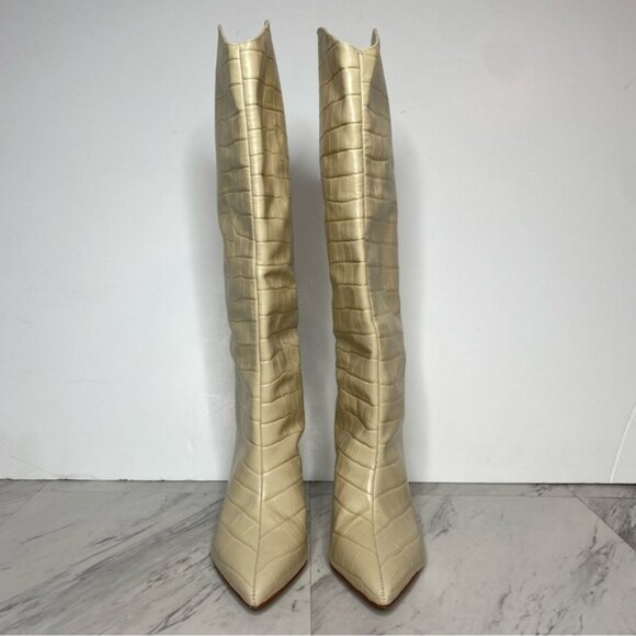 Schutz Maryana Eggshell Croc Embossed Leather Tall Heeled Boot 8 1/2 B - Picture 2 of 16